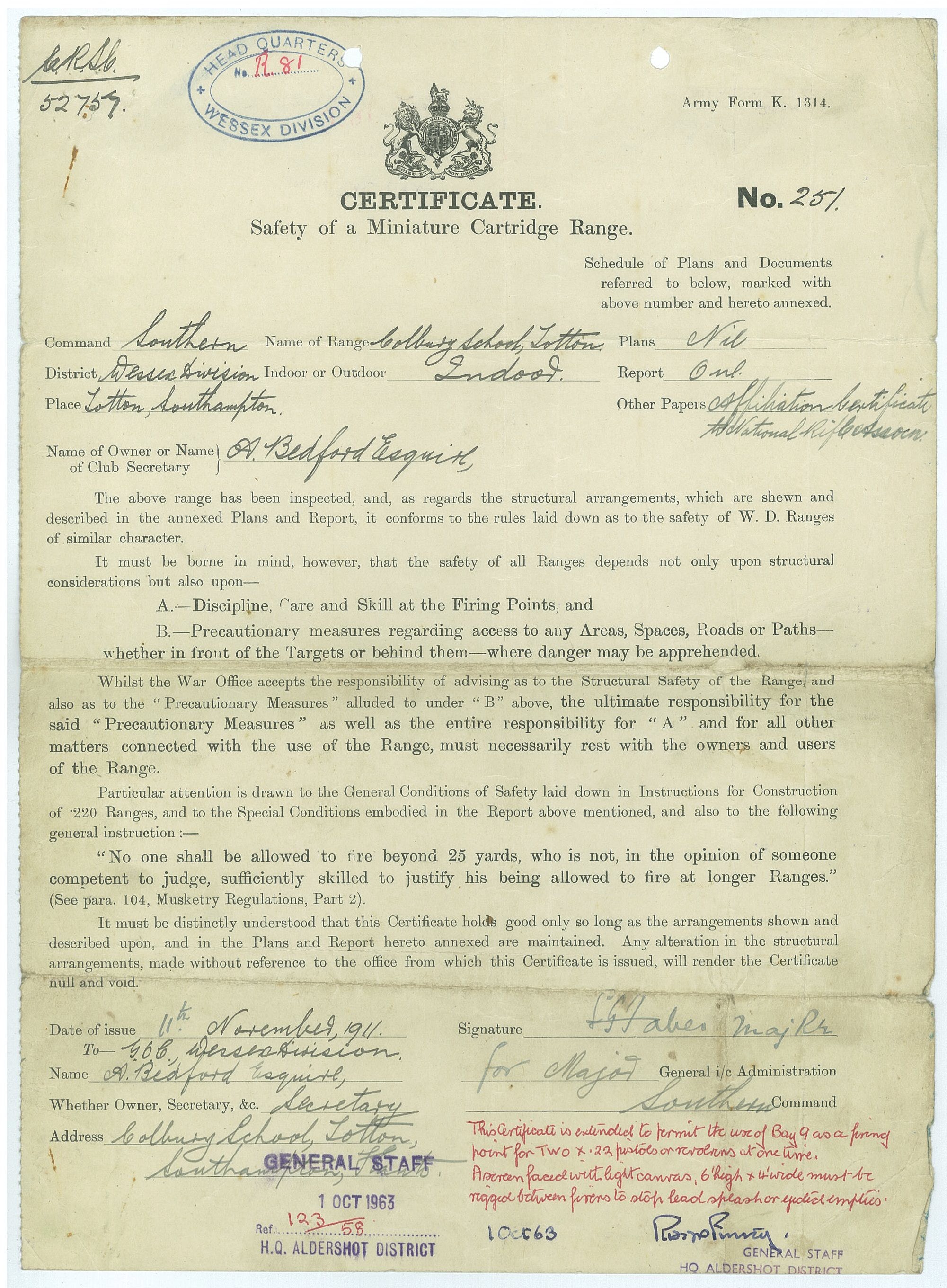 ORIGINAL SAFETY CERTIFICATE ISSUED 1911